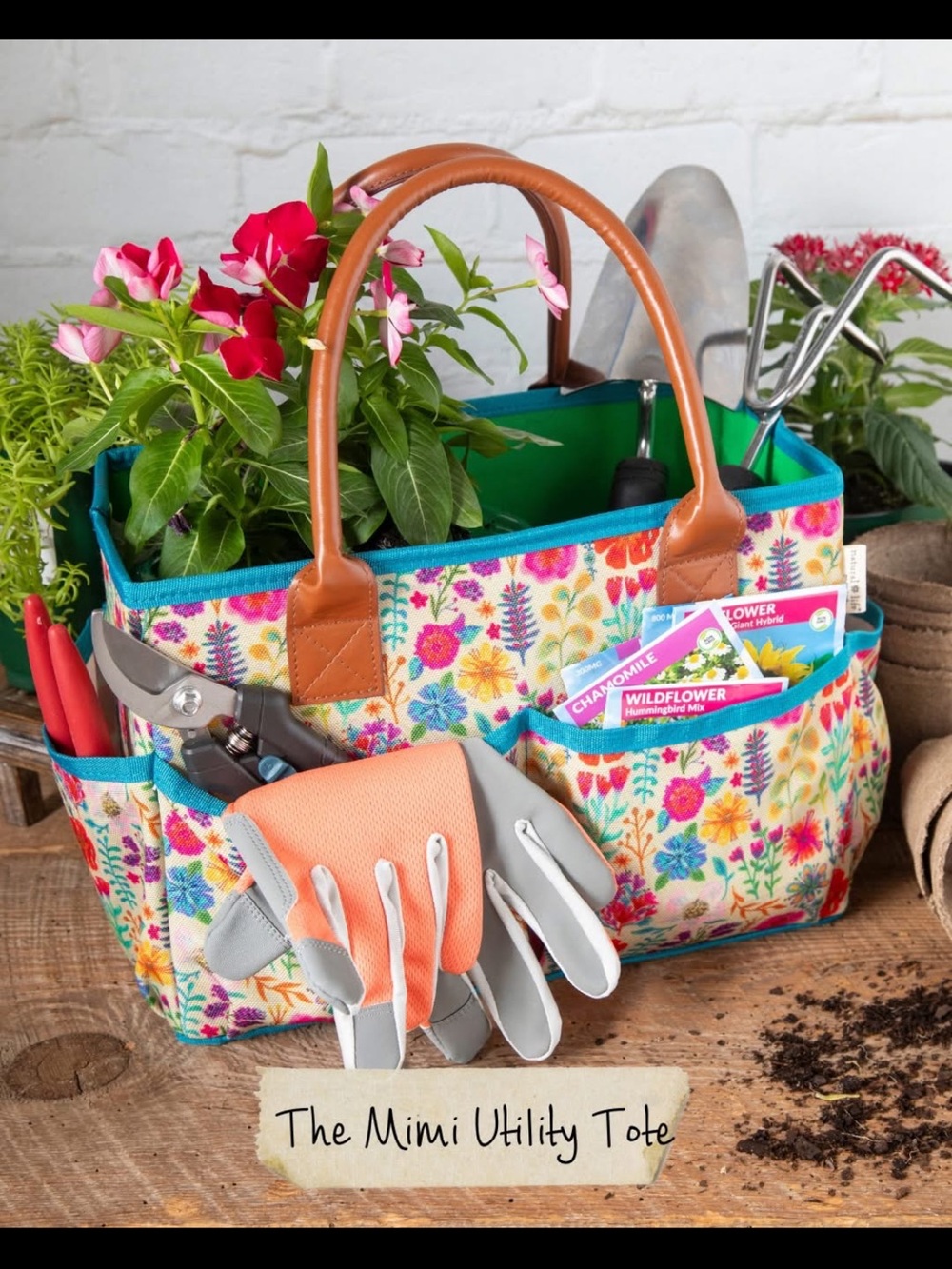 NATURAL LIFE Mimi Tote Floral Utility Tote Organizer Caddy - Teal Trim